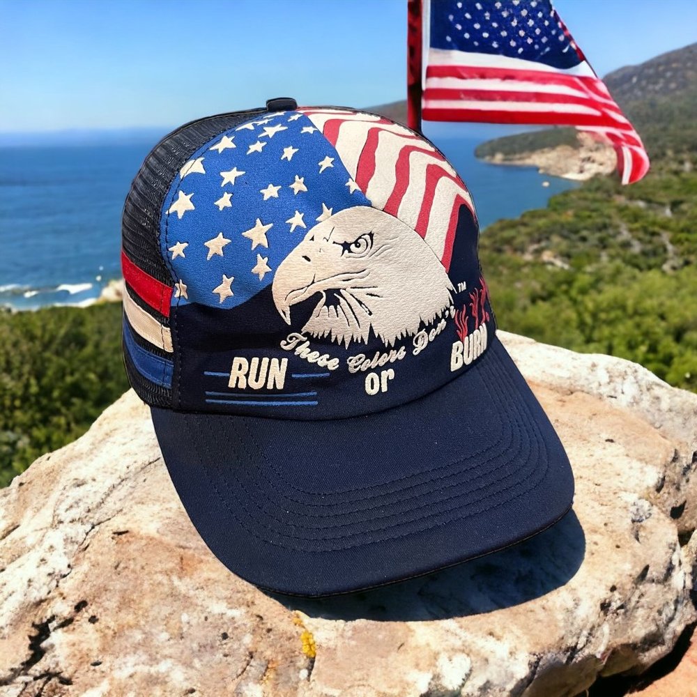 Vintage 3 Stripe Trucker Hat Made in USA These Color Dont Run or Burn Eagle Flag
